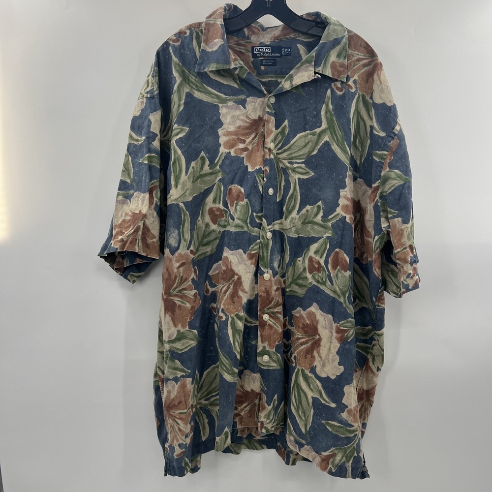 Vintage Polo Ralph Lauren Camp Shirt Mens 3XL Tall Linen Blend Floral Palm *FLAW